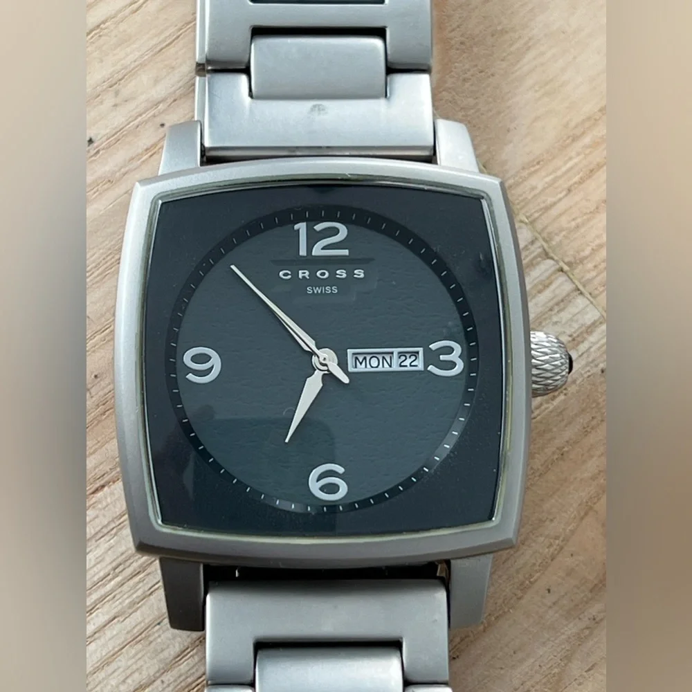 Cross Swiss Rare Men’s Watch Square Black Leather Dial Matte Stainless Bracelet